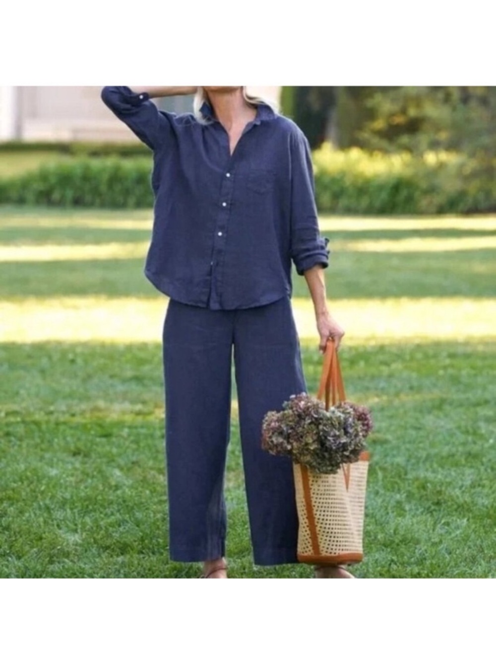 Frank & Eileen Navy Wide-Leg Linen Pants